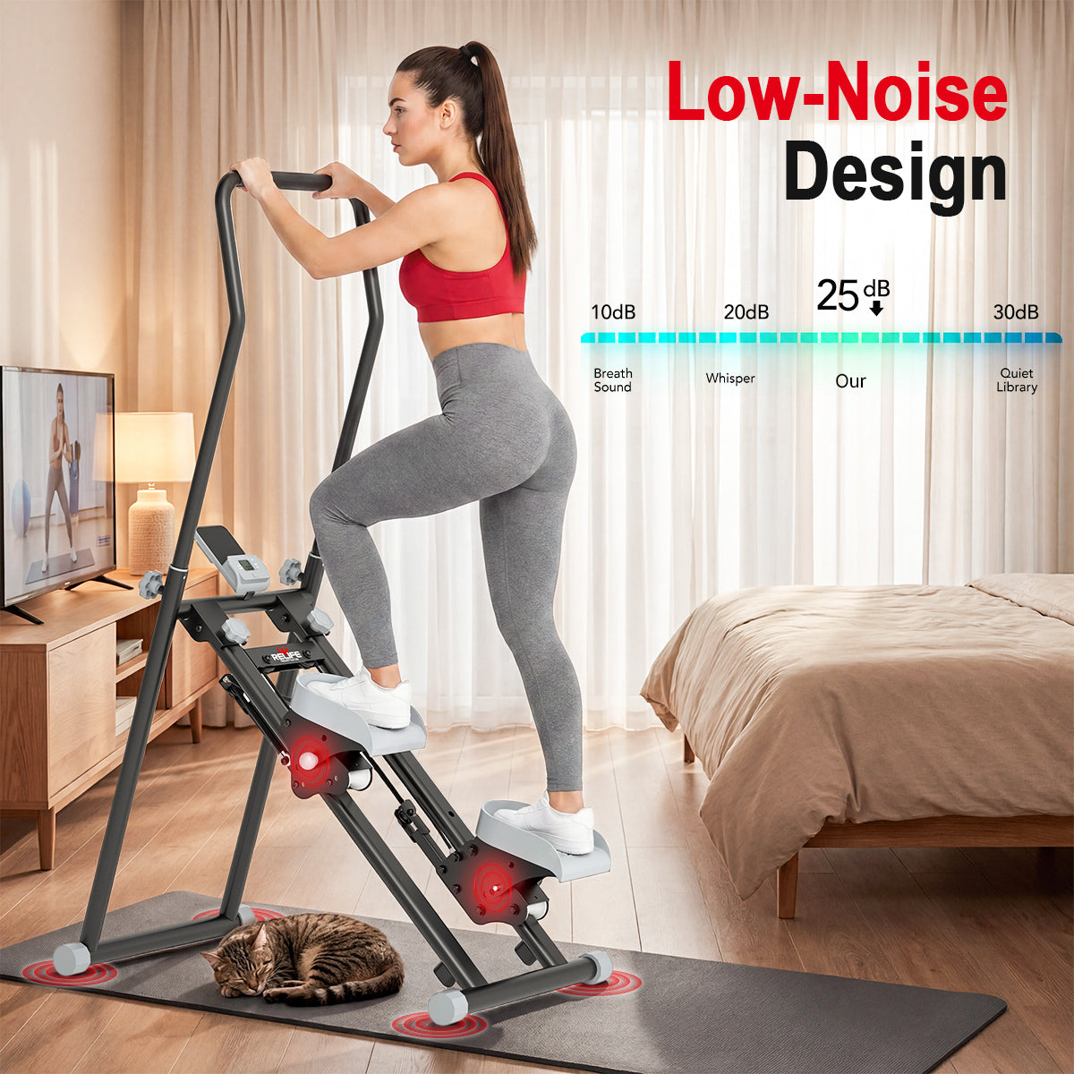 Woman working out on low-noise RELIFE stair stepper in living room